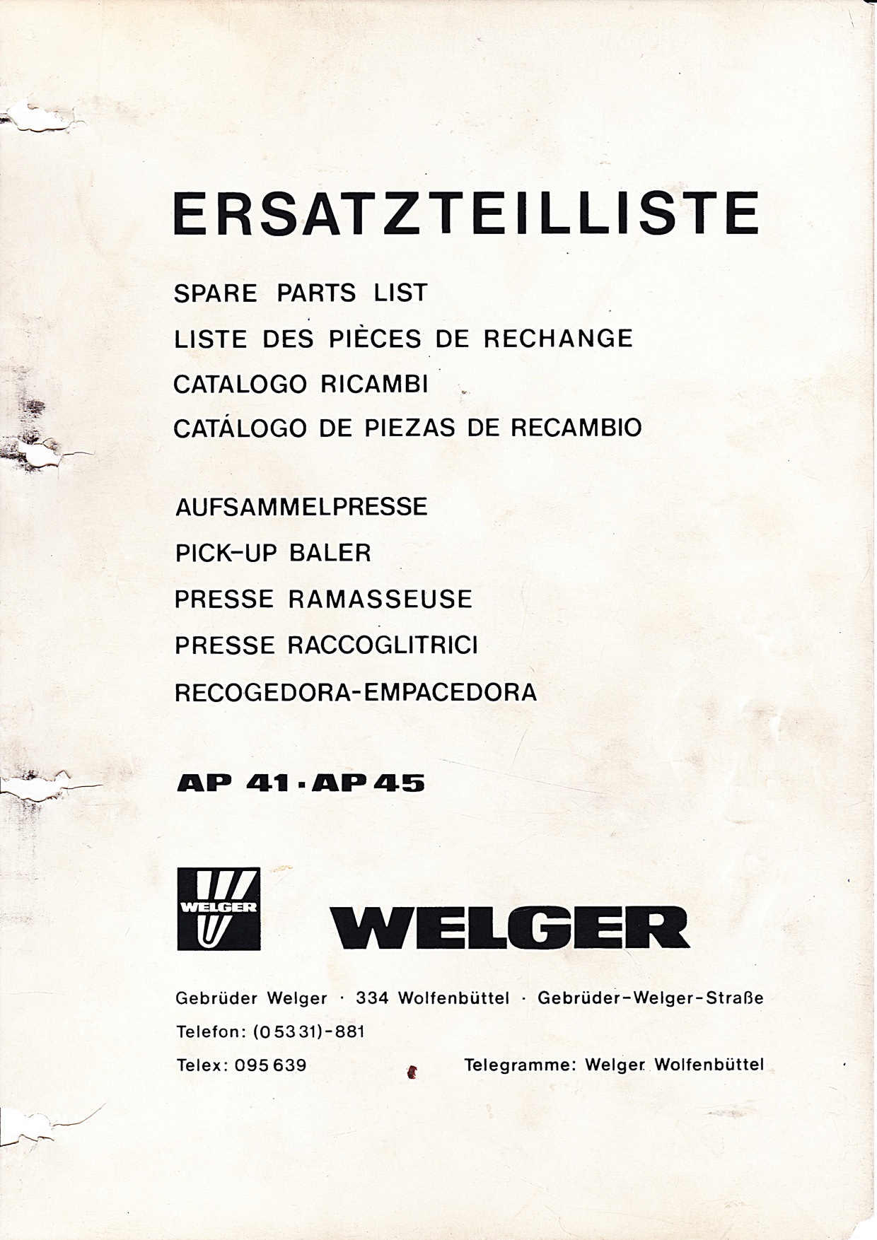 Ersatzteileliste für Welger AP 41 und AP 45 Presse