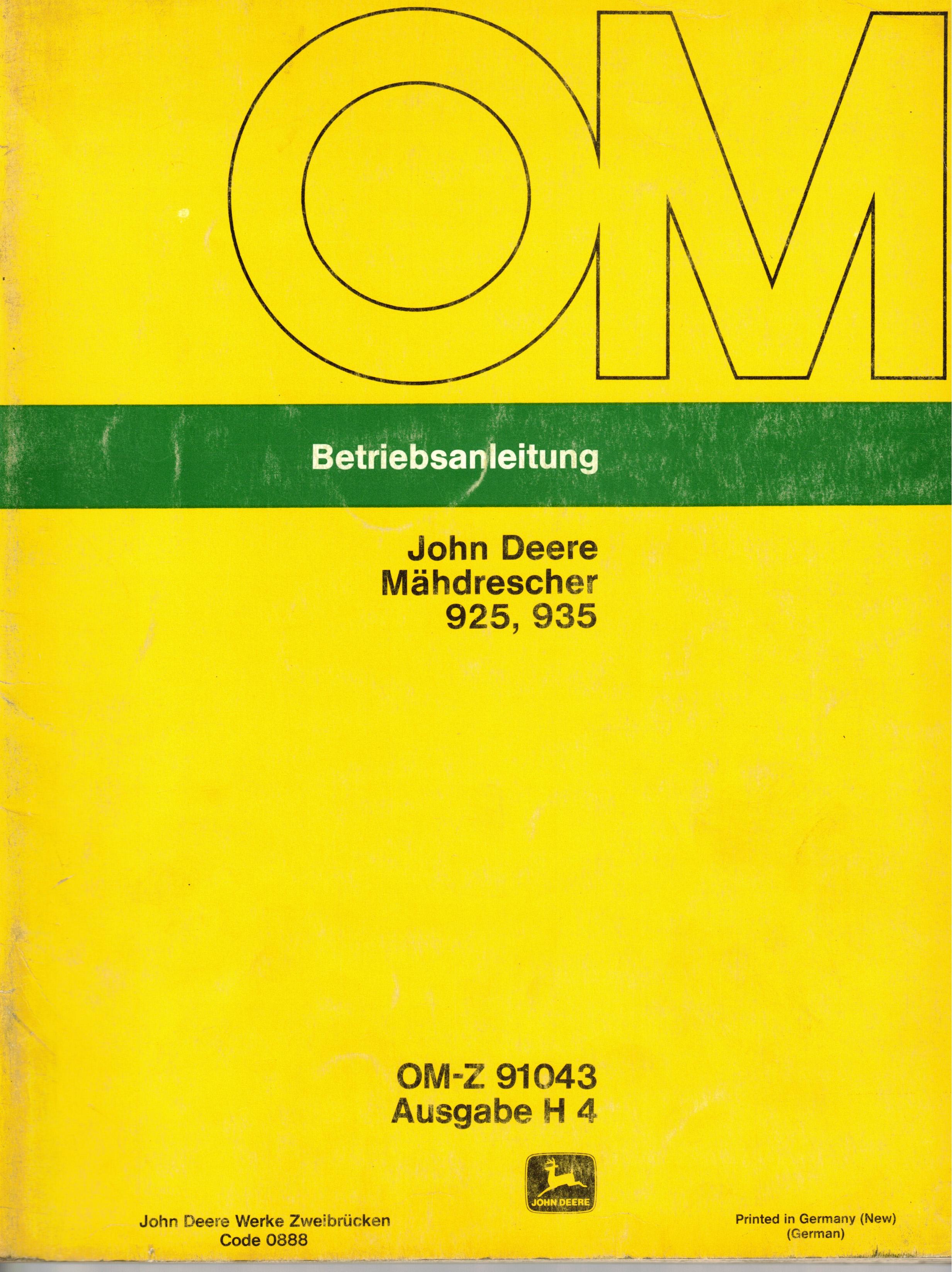 Bedienungsanleitung Mähdrescher John Deere 925 und 935