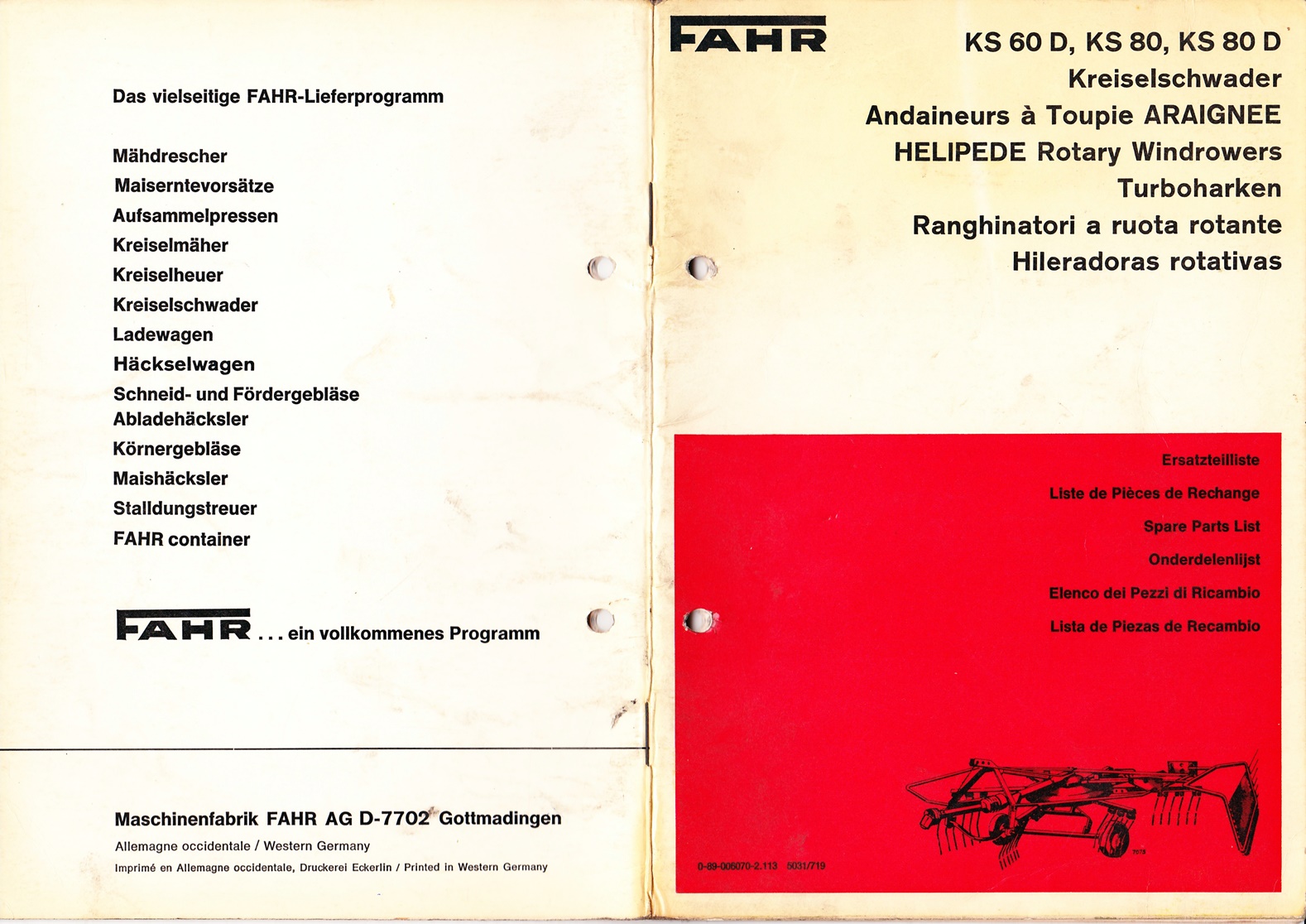 Ersatzteilliste Deutz-Fahr Kreiselschwader KS 60 D, KS 80, KS 80 D